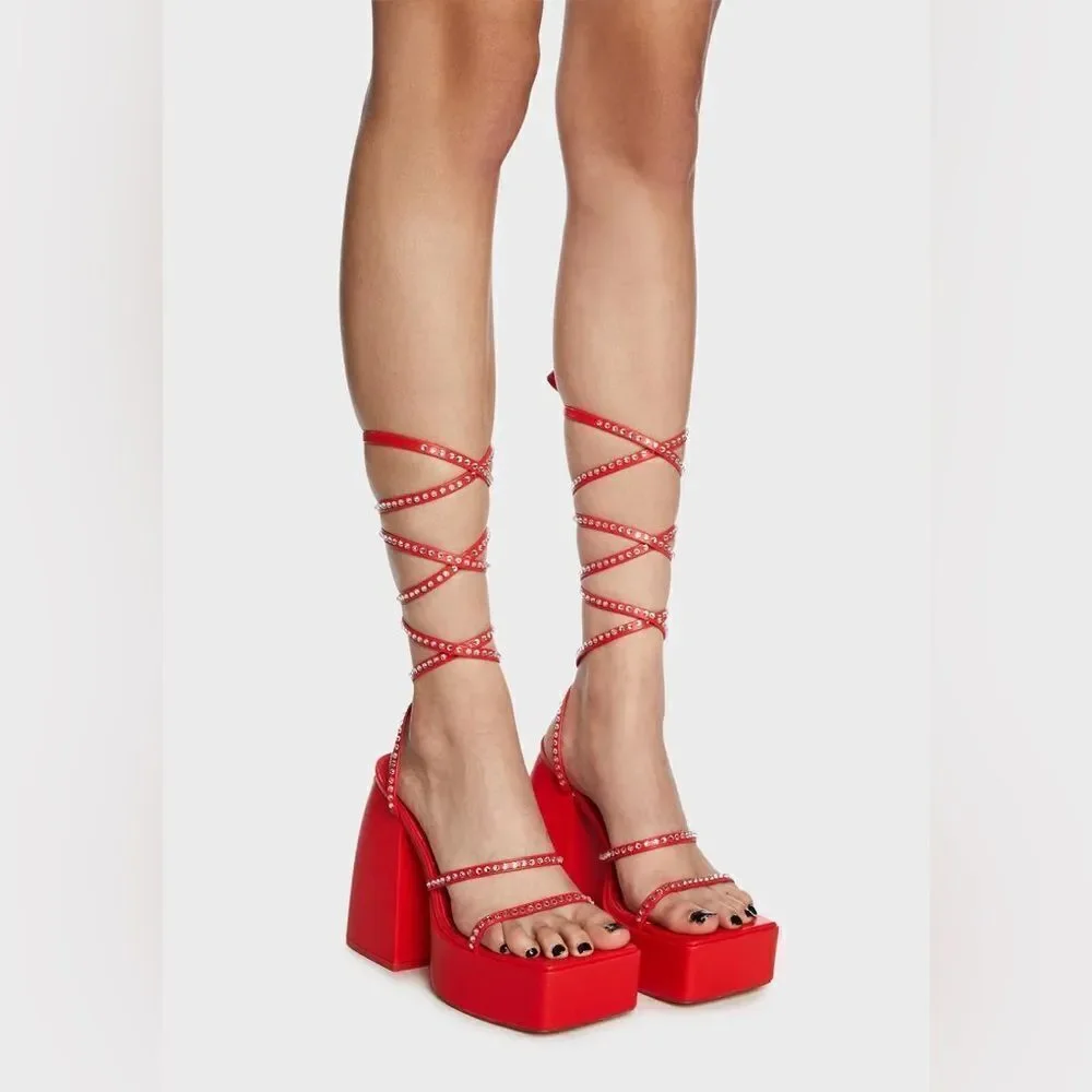 Dolls Kill Public Desire Women's Red Lace Up Rhinestone Platform Heels Size 7